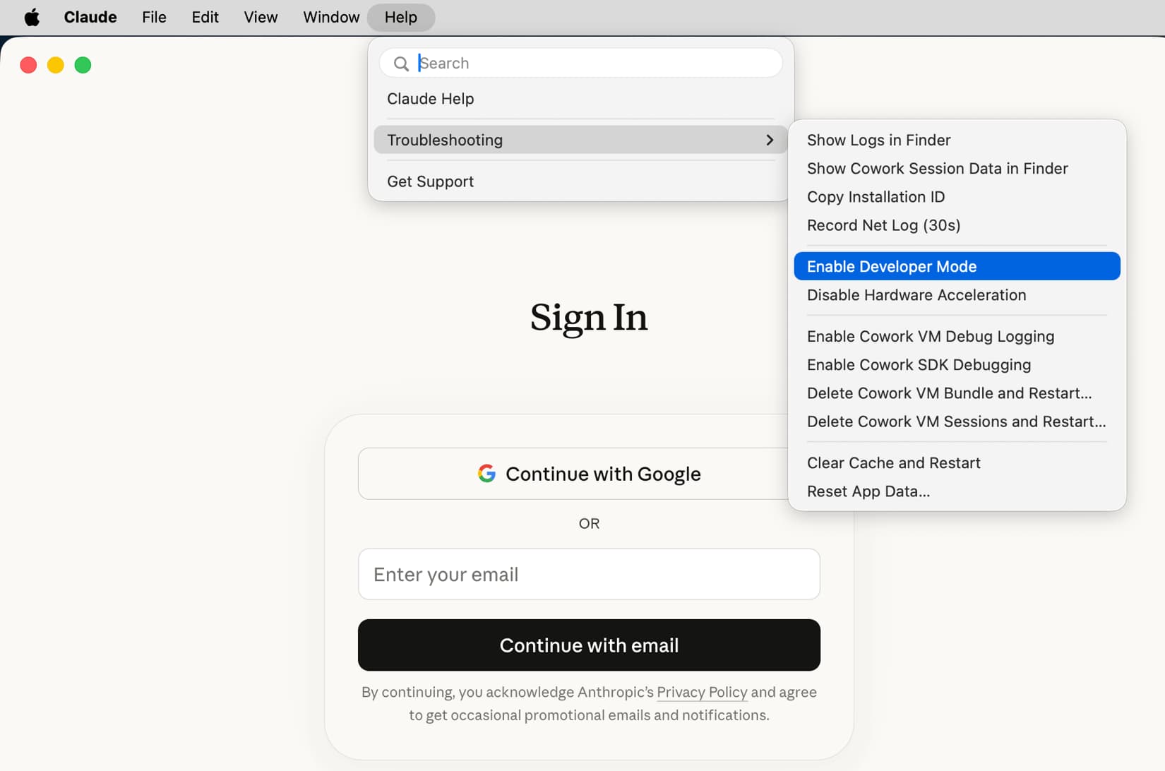 macOS: enable Developer Mode in the Help and Troubleshooting menus