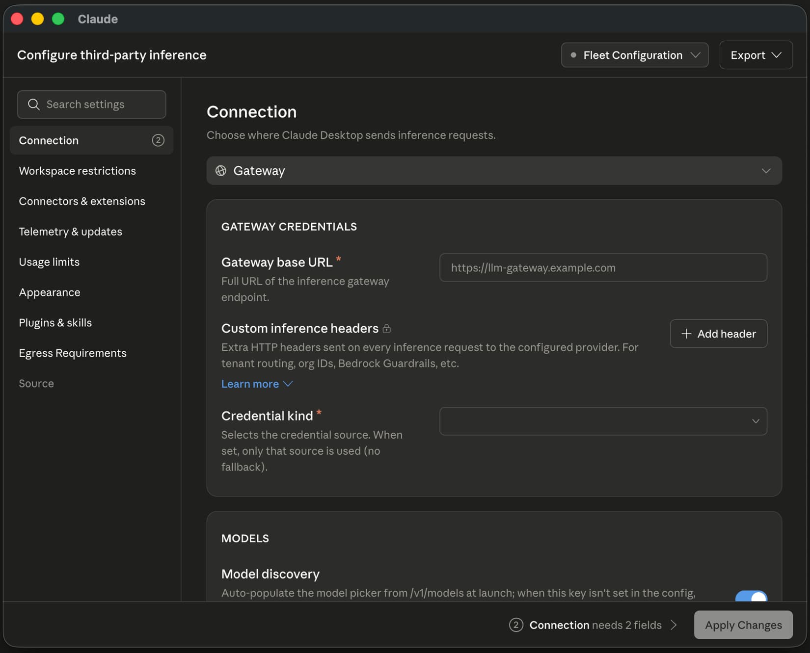 Official Claude macOS example: Connection settings for third-party inference