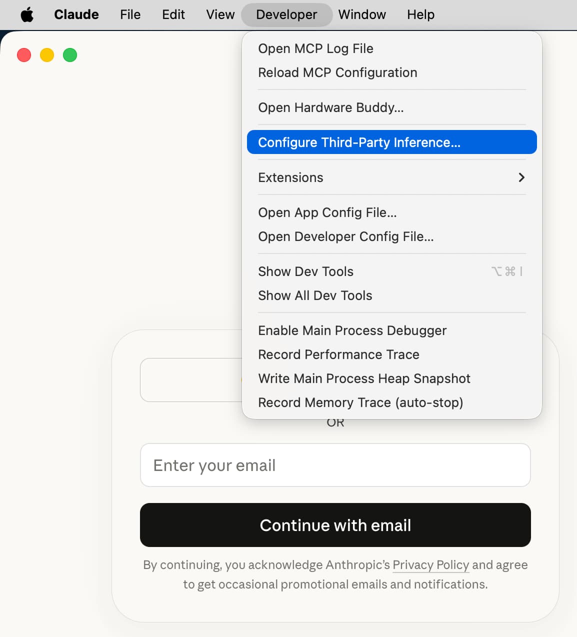 macOS: open Configure Third-Party Inference from the Developer menu