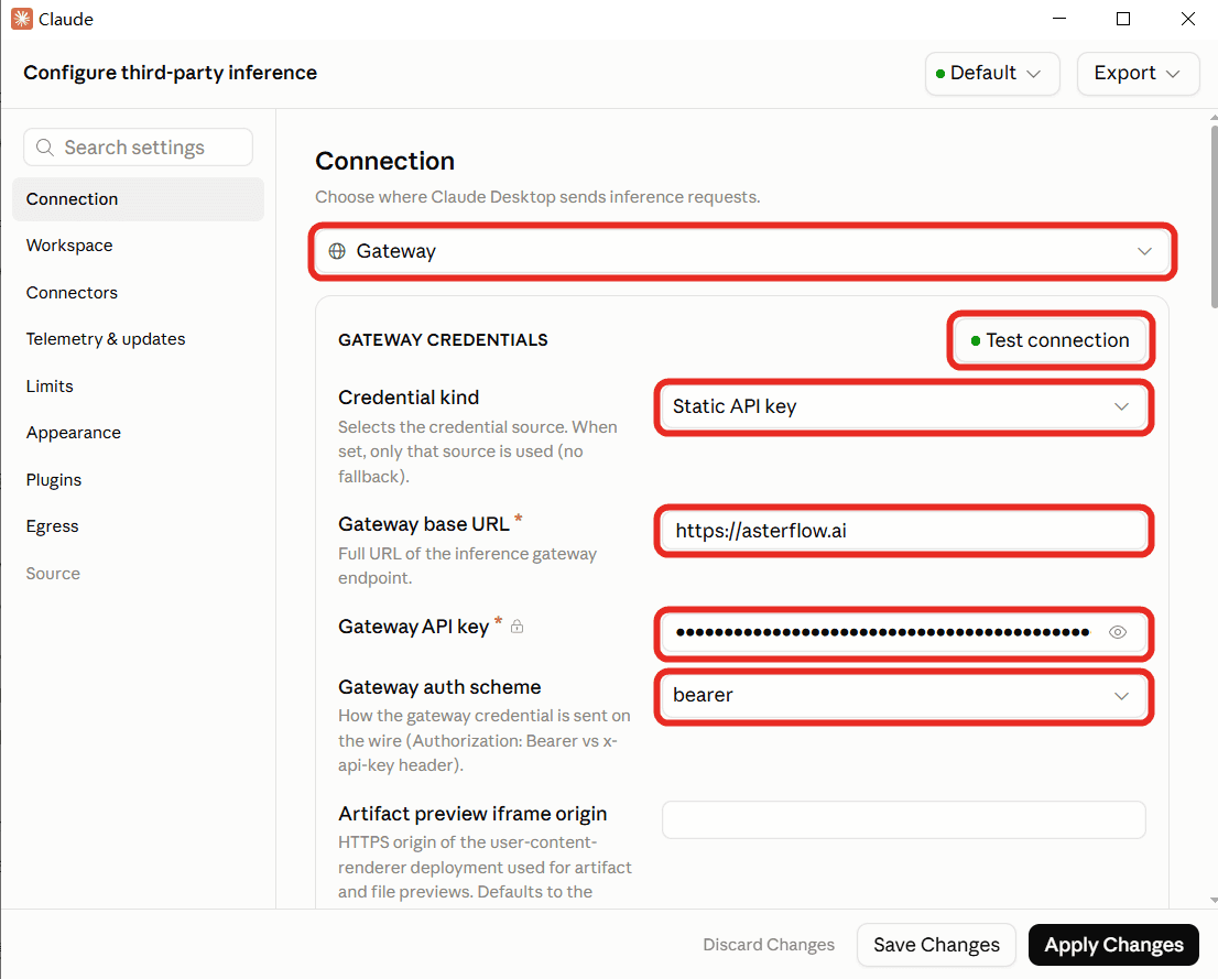 Windows example: enter the Gateway settings and pass the connection test