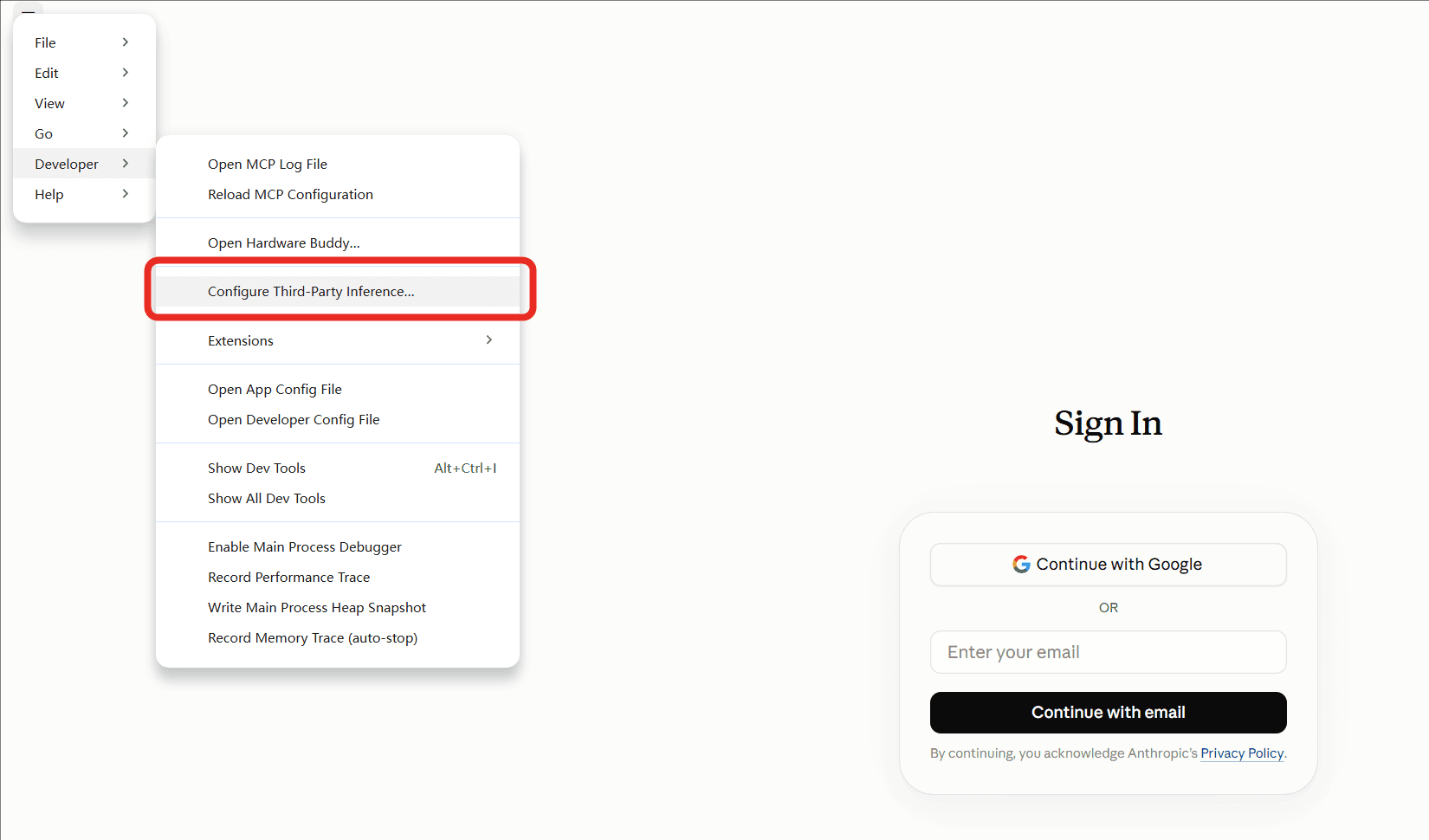 Open Configure Third-Party Inference from the Developer menu